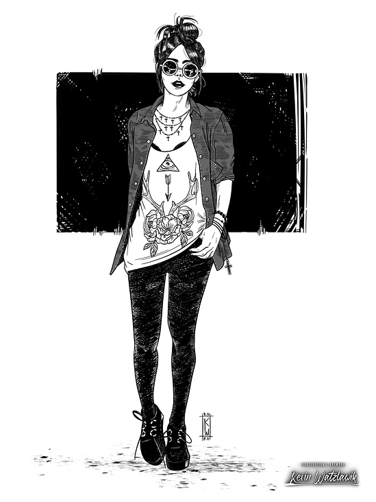 Digitale Schwarz-Weiß Illustration einer modebewussten Frau