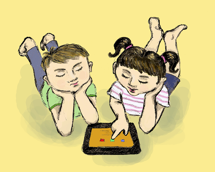 Kinderbuchillustration – Junge und Mädchen mit Tablet