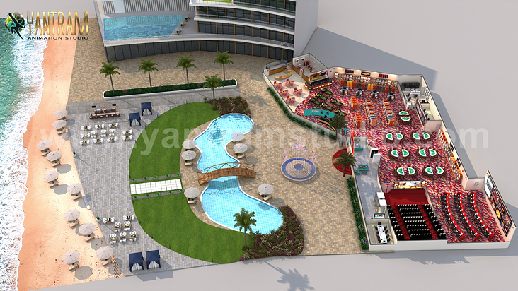 Unique Game Zone with Beach side Swimming Pool 3D Floor Plan Rendering Service Ideas by architectural studio