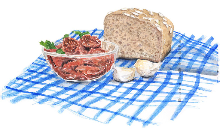 Food Illustration Tischszene mit Brot und Pesto