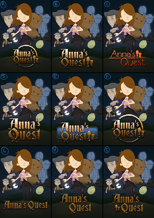 Diverse Logo-Konzepte für Anna’s Quest nach Dane Krams’ Vorlage