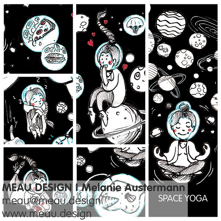 Doodle Illustrationen „Space Yoga“ für einen individuell anpassbaren Übungsfächer