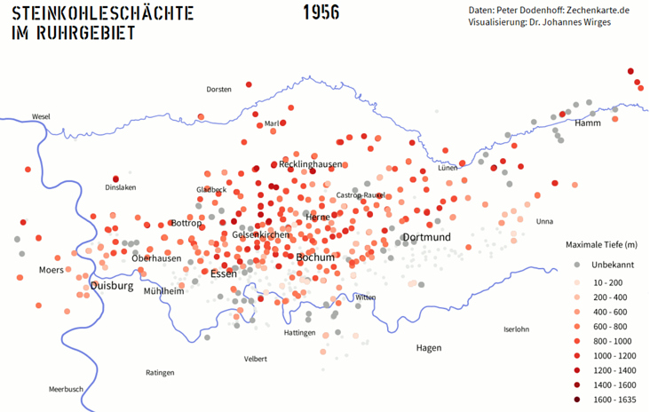 Entwicklung der Steinkohleschächte im Ruhrgebiet 1800 – 2019, Animation, hier statische Ansicht