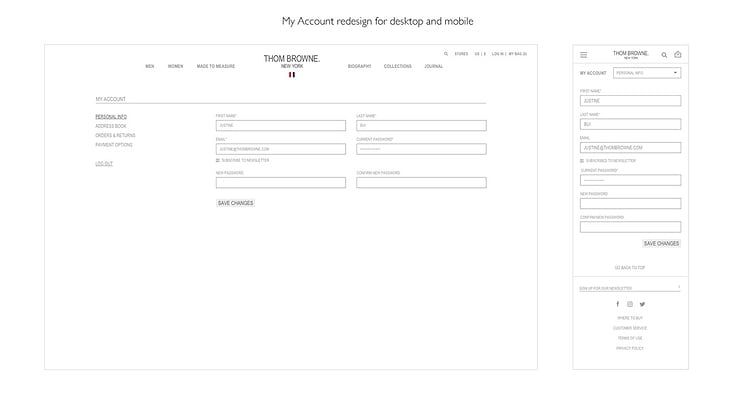 Thom Browne My Account redesign