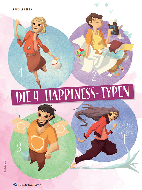 Bewusster Leben: Illustrationen für 4 Happiness-Typen