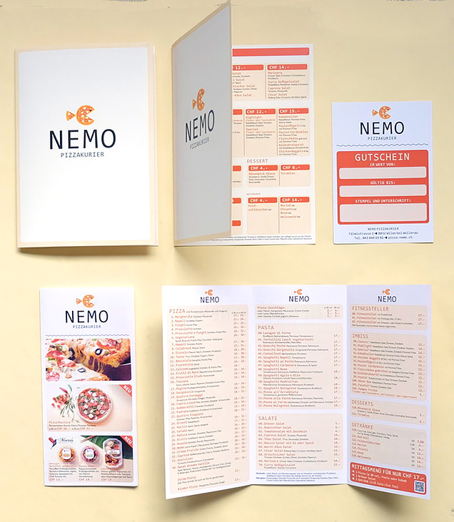 Nemo Pizzakurier, Flyer, Menükarte und Gutschein