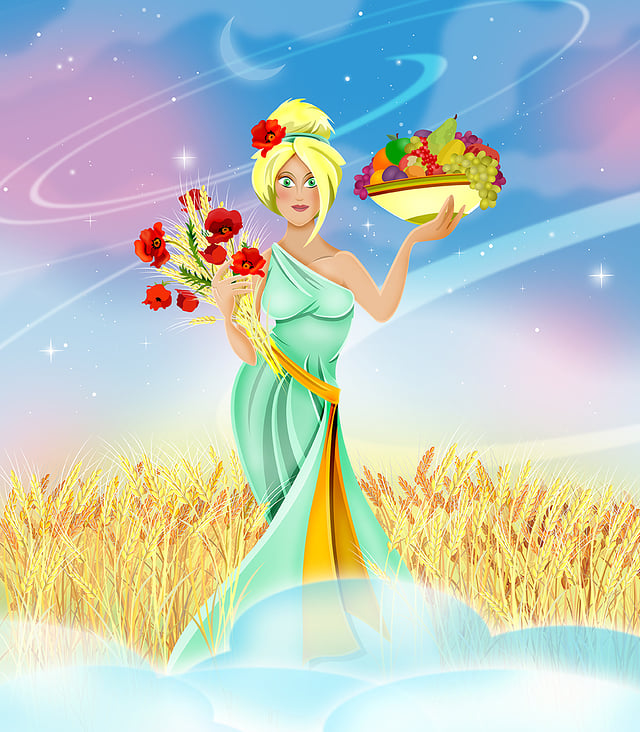 Illustration der Göttin. Sie ist zuständig für die Fruchtbarkeit der Erde, der Saat und die Jahreszeiten.