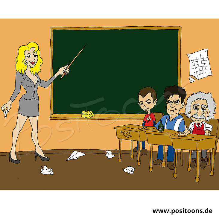 Illustration der Sympathiefigur als Lehrerin mit prominenten Schülern (KeyVisual für Veranstaltungen)