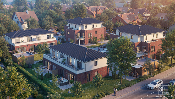 3D Architekturvisualisierung – Bebauungskonzept  – Mehrfamilienhäuser und Reihenhäuser – Vogelperspektive