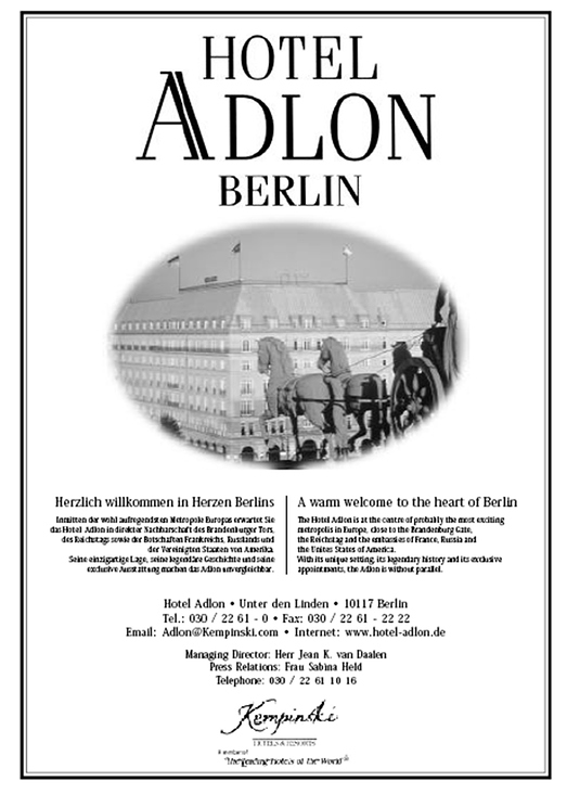 Anzeige für das Hotel Adlon in einem Presseverzeichnis