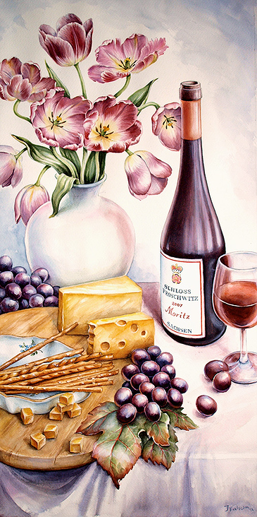 Tulpen, Wein und Käse – Aquarell