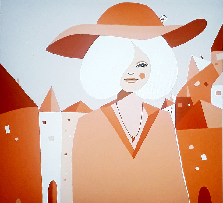 Illustration Frau mit Hut in Stadt