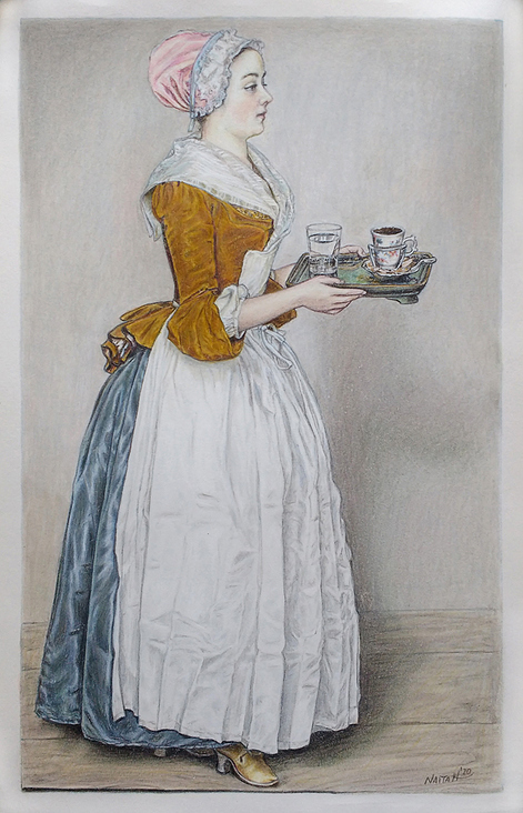 „Das Schokoladenmädchen“ nach Jean-Étienne Liotard, Kopie in Buntstift auf Papier, DIN A4, 2020