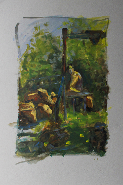 Kathze im Garten, 2018, Acryl auf Pappe, 42cm x 59,5