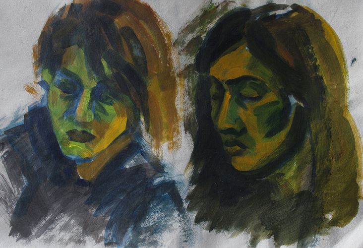 Portrait Merlin/ Gina, 2018, Acryl auf Recyclingpapier, 46,5cm x 32cm