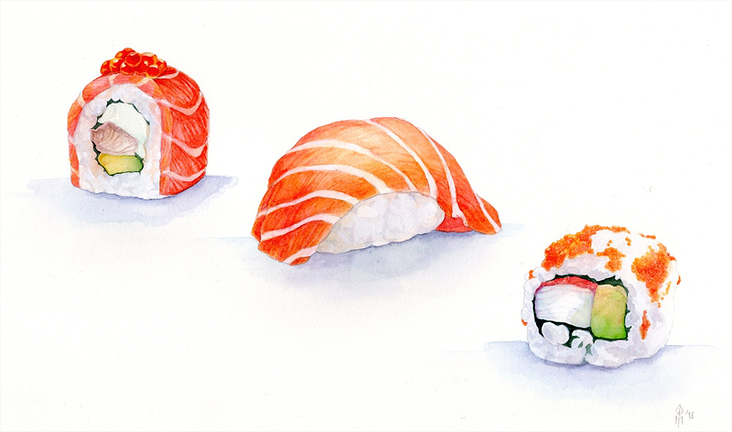 Sushi mal drei, 2018, Aquarell auf Fabriano