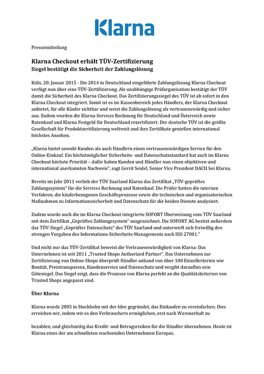 Klarna-Checkout erhält TÜV-Zertifizierung (Pressemitteilung)