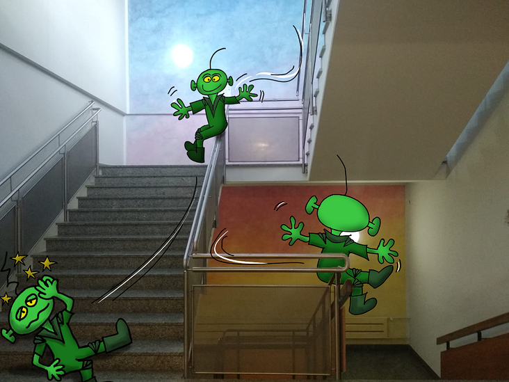 Aliens rutschen im Treppenhaus (Illustration für den Englischunterricht einer Kollegin)