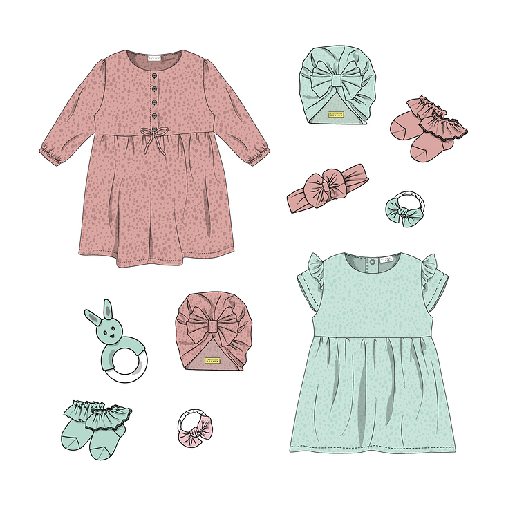Baby fashion & accessories flat sketches with prints