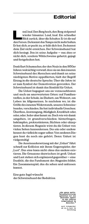 Editorial Magazin SCHWEINEHUND, Text: Judith Neuling
