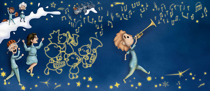 Der Bub gibt ein Konzert mit den Sternen