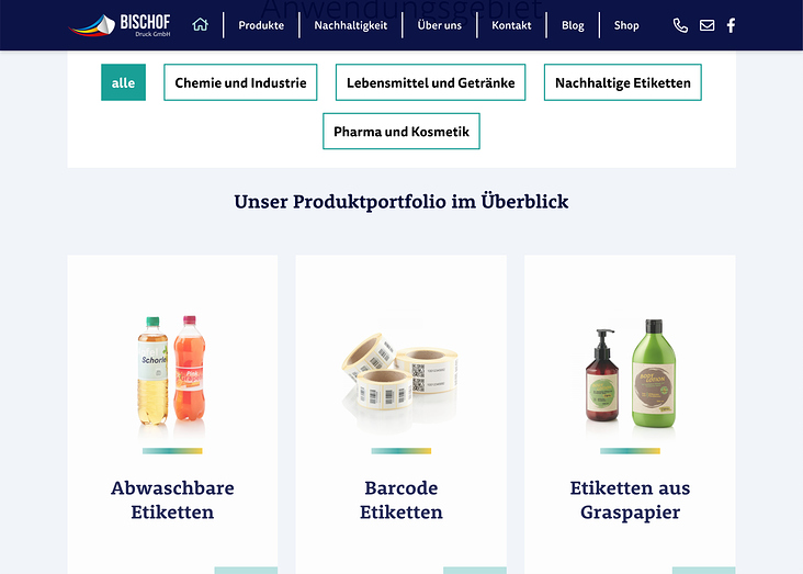 Website Relaunch Bischof Druck // Filterfunktion mit Teasern zu den Produkten