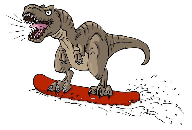 T-Rex auf Snowboard