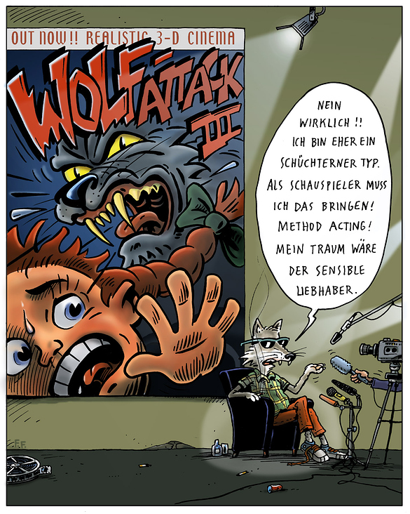 Wolf Cartoon für Deutschunterricht-Unterlagen. Kunde: Nabu