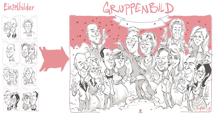 Einzelbilder und Gruppenkarikatur