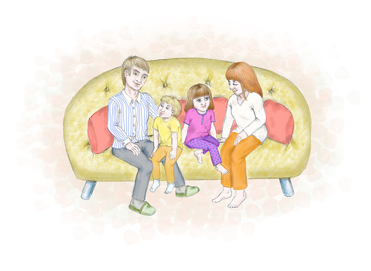 Auf der Couch – aus meinem Kinderbuch „Warum darf ich nicht zu Oma?“. Erscheint 12−2020