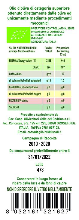 Olio extravergine di oliva italiano biologico Rückenetikett