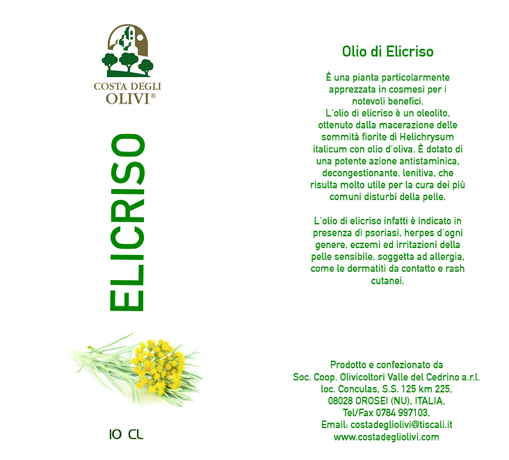 Olio di oliva con elicriso, Etikett 100 ml