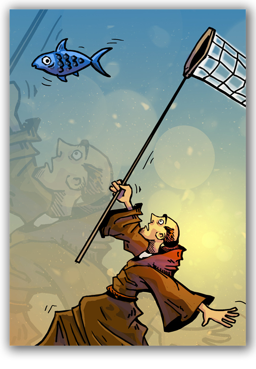 Der Mönch und der Fisch / Plakat-Illustration