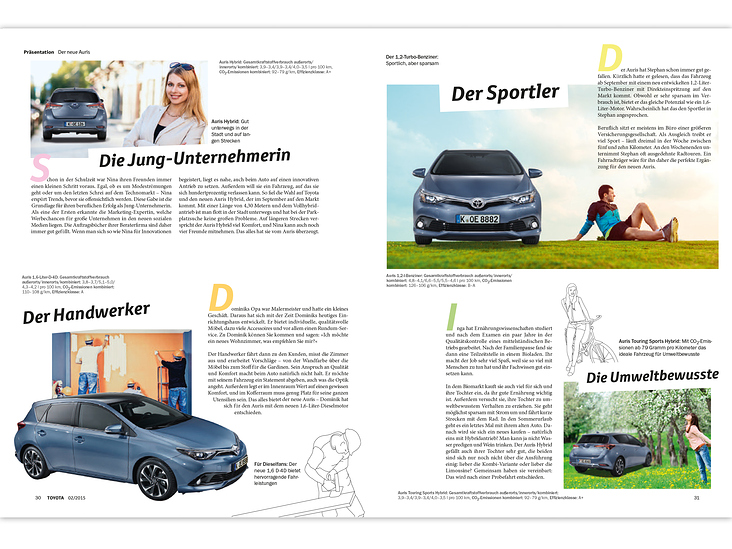 Layout, Bildretouche und Illustration. Anwendung meiner Illustration im Toyota Magazin. Digitale Gestaltung.