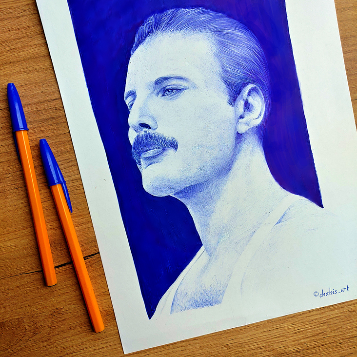 Freddie Mercury, gezeichnet mit Kuli auf A4