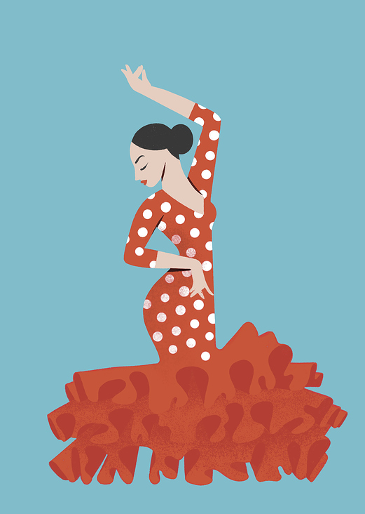 Flamenco lady illustration blue baclground, red dress and white dots