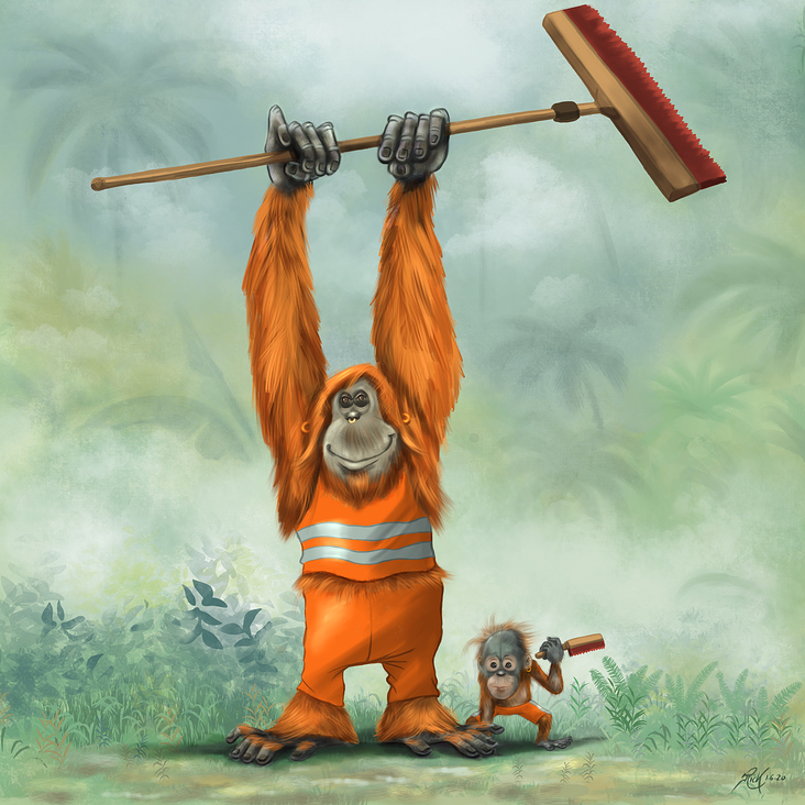 Orang-Utan mit seinem Sohn als Waldfeger