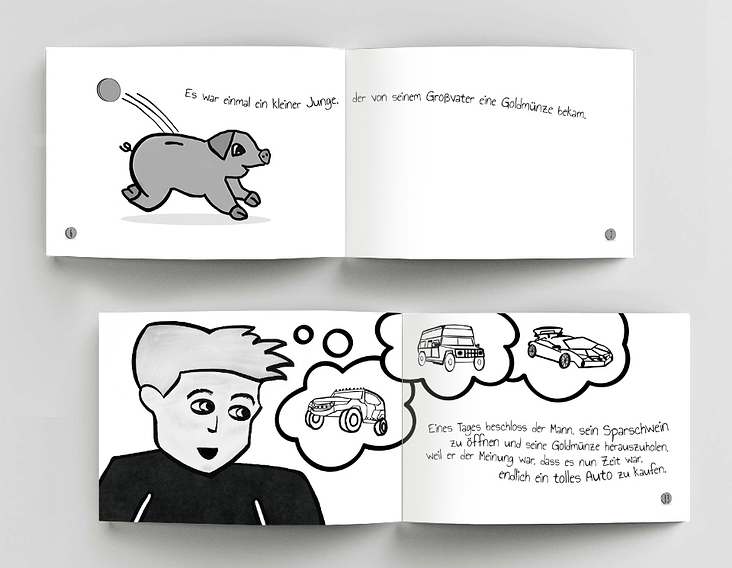 Buchgestaltung „Das Sparschwein …“, Innenseiten – Illustrationen von Luna Lupien („Lunas Little Animals …“)