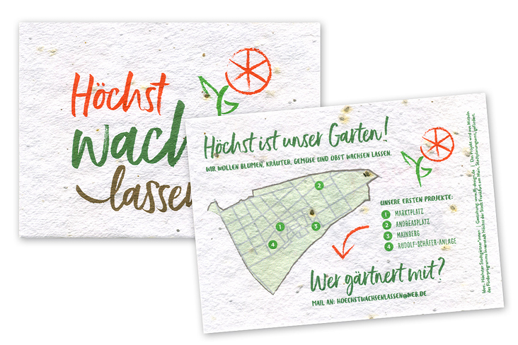 Postkarten auf Saatgutpapier für Urban-Gardening-Projekt »Höchst wachsen lassen«, Rückseite