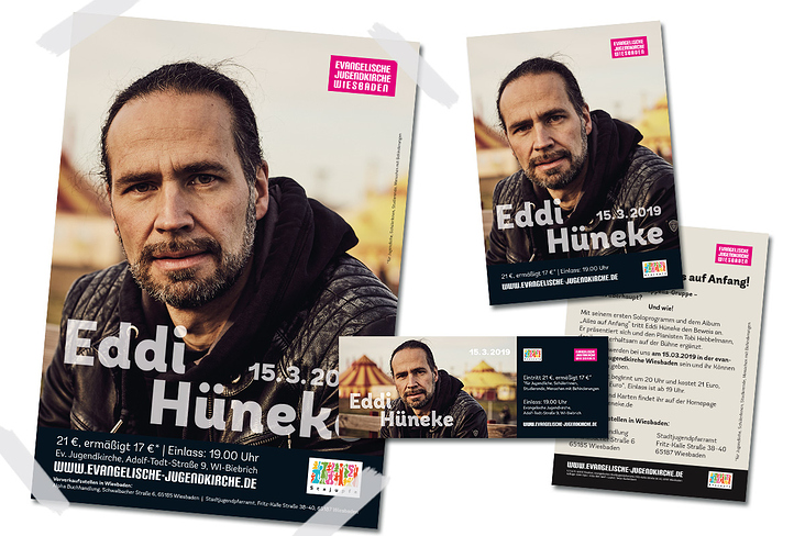 Design von Flyer, Poster und Eintrittskarte für das Konzert von Eddi Hüneke beim Stajupfa / Evangelische Jugendkirche Wiesbaden