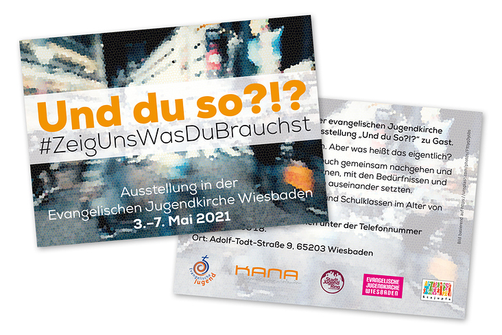 Werbepostkarte für die Ausstellung »Und du so?!?« in der Evangelischen Jugendkirche Wiesbaden