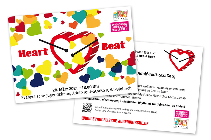 Werbepostkarte für den Trommelgottesdienst »Heart Beat« des stajupfa