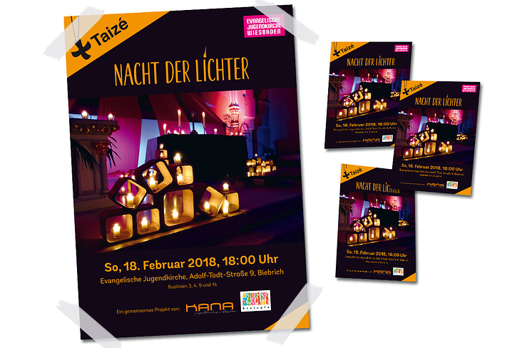Flyer und Poster für »Nacht der Lichter« des Wiesbadener Stadtjugendpfarramtes und der Evangelischen Jugendkirche