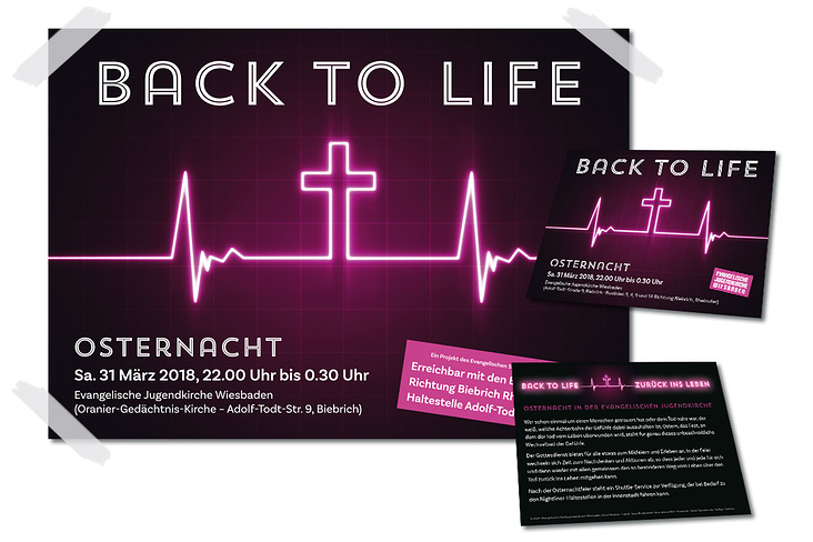 Flyer und Poster für »Osternacht / Back to life« des Wiesbadener Stadtjugendpfarramtes und der Evangelischen Jugendkirche