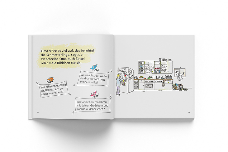 Gestaltung der Innenseiten für Kinderfachbuch »Oma und die Schmetterlinge« des Mabuse-Verlags