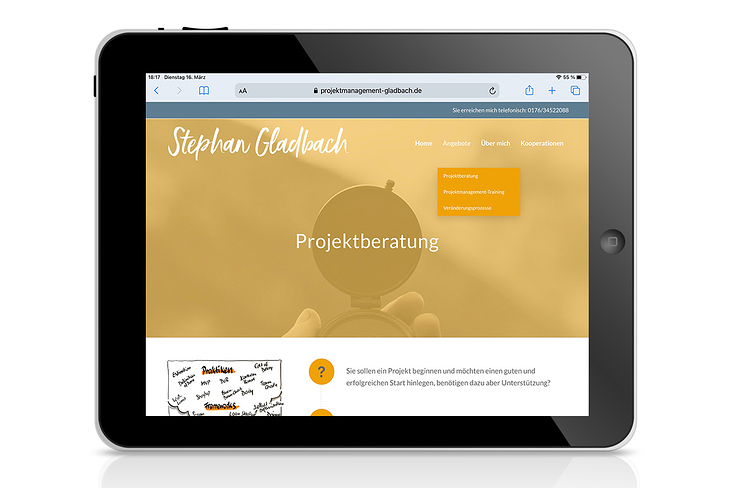 Webdesign für Projektmanagement Gladbach: Darstellung auf Tablet