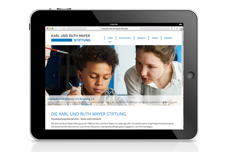 Webdesign für Karl und Ruth Mayer Stiftung, Obertshausen – Ansicht für Tablet