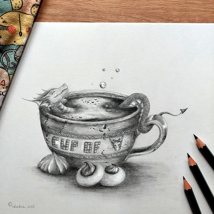 Ein Drache in der Kaffeetasse; Illustration mit Bleistift