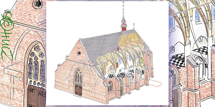 Schnitt durch spätmittelalterliche Kapelle, nach Grundriss und Fotos
