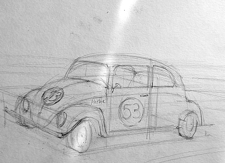 Skizzenzeichnung VW Käfer Herbie